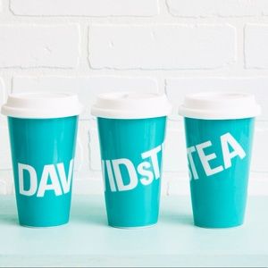 DAVIDS TEA ceramic travel mug logo signature teal silicone lid 12oz
